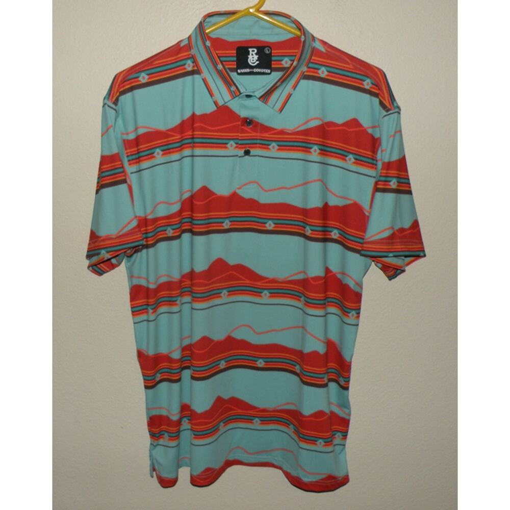 Raised By Coyotes Men’s Large SS Polo Shirt Blue Orange Mountain Scene Southwest